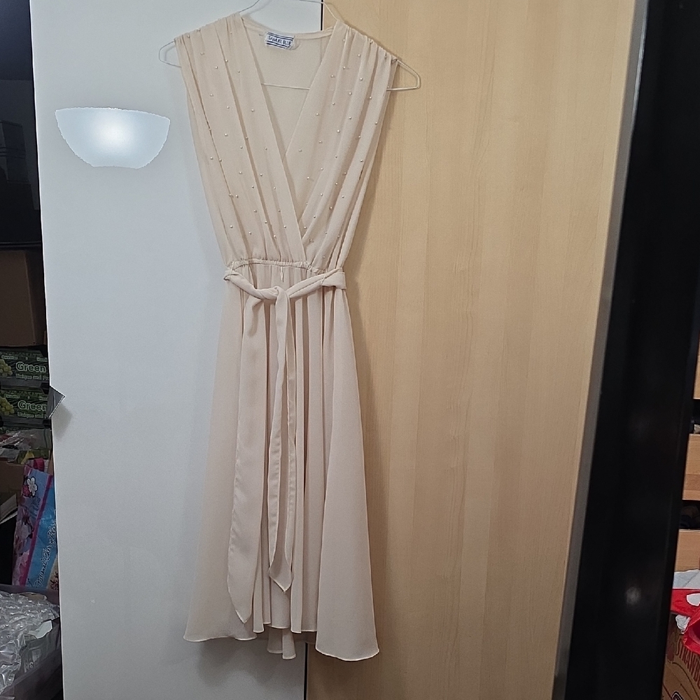 Chic Sheer Cream Dress w Pearls on Bodice/Sash Belt, Samuel Blue, Sz 10, Vtg 80s